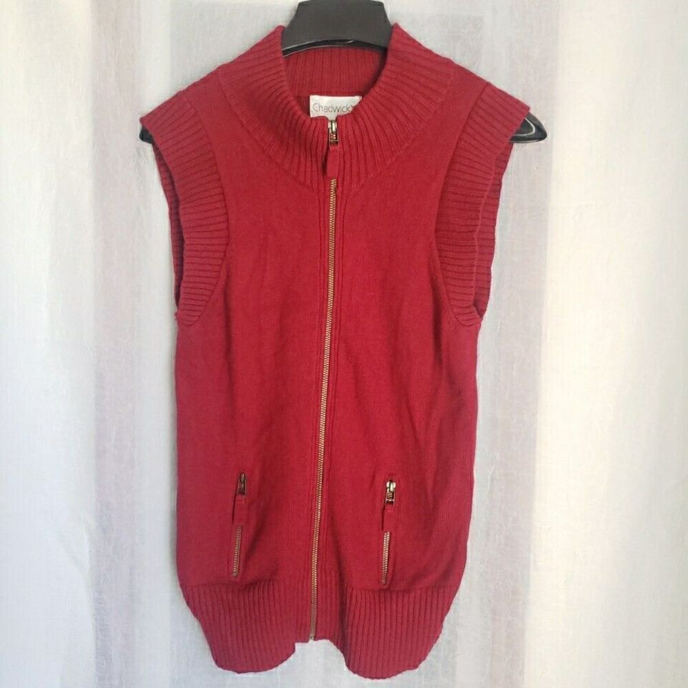Chadwick Sweater Vest Womens Size M Red Full Zip Ribbed Mock Neck Zipper Pockets